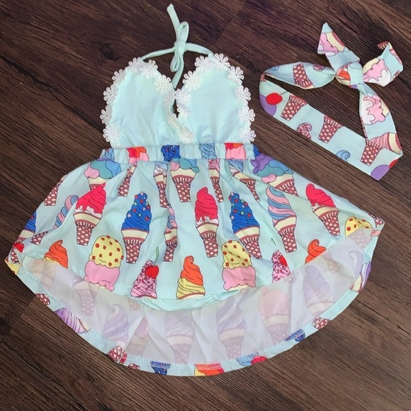 None Other - Kids ice cream cone halter top summer high low dress with headband sz 24m NWOT